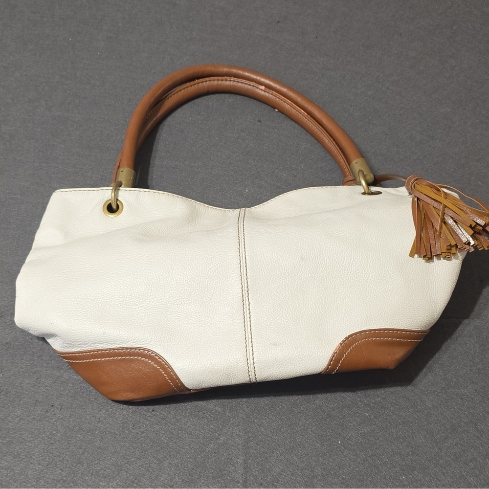 Tignanello Beige Brown Pebbled Satchel Top Handle Tassel Charm Gold Hardware